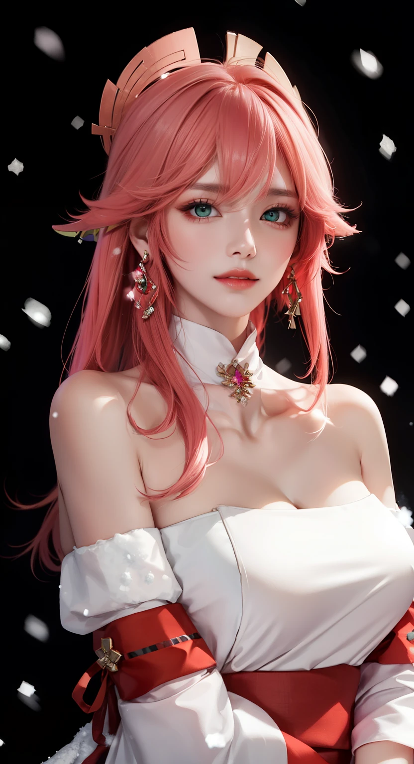 (((Black background, snowing))), (((luminous background))), (Masterpiece, Excellent, 1girl, solo, complex details, color difference), realism, ((medium breath)), off-the-shoulders, big breasts, sexy, Yae Miko, long pink hair, red headdress, red highlight, hair above one eye, green eyes, earrings, sharp eyes, perfectly symmetrical figure, choker, neon shirt, open jacket, turtleneck sweater, dim lighting, alley, looking at the audience, ((sweet, seductive, charming)), (dynamic pose), tulle, bare shoulders, blooming flower fields, radiant skin, faint smile, sexy, bust, no breast cover, naked, smiling, open center blouse, showing cleavage