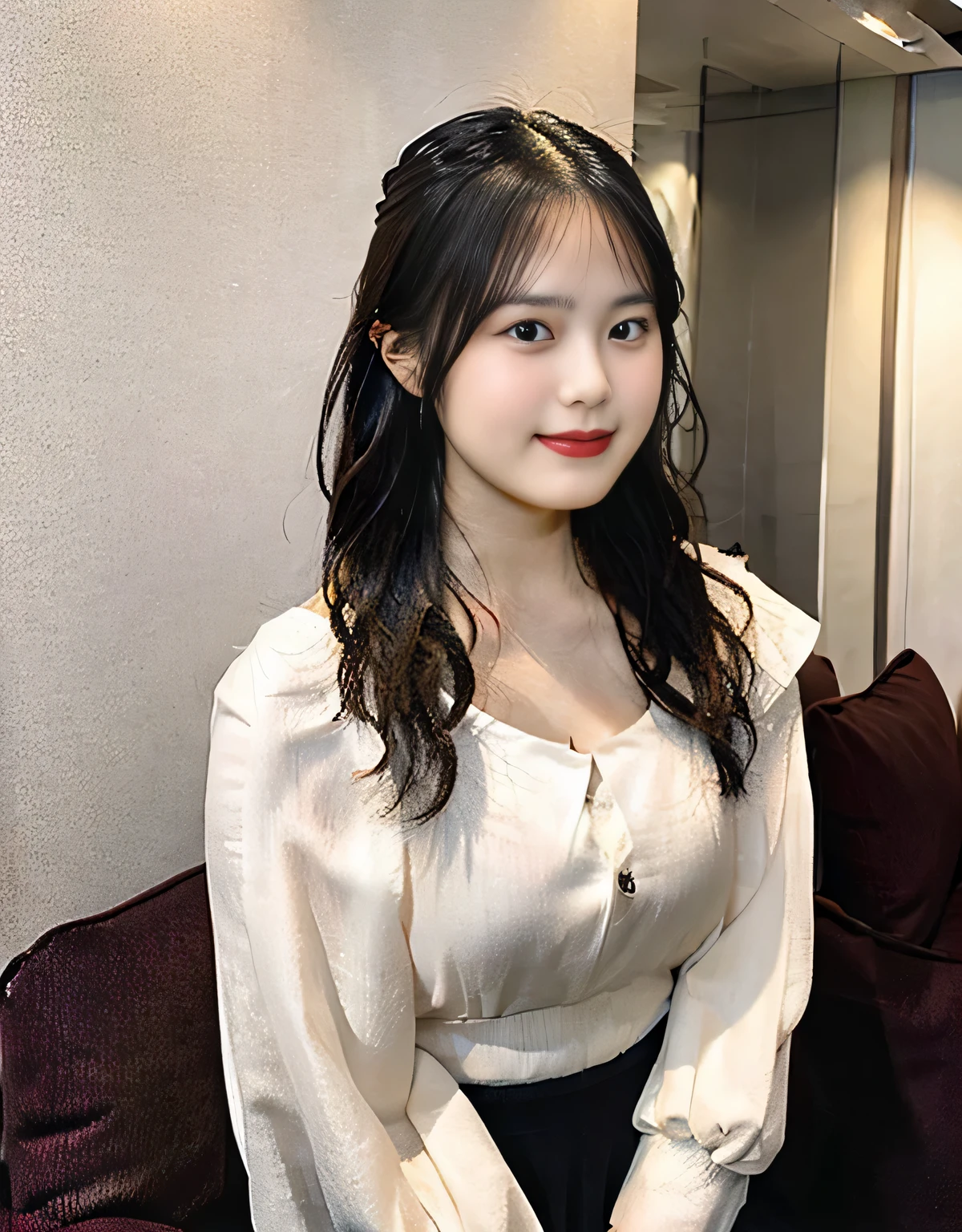 naga,(huge breasts:1.1),looking at the viewer,((masterpiece)),((highest quality)),perfect anatomy,8K UHD,highly detailed face,luster and luster,((1 girl)),((alone)),beautiful eyes,perfect image,(Upper body:1.1),(look ahead:1.1),Arms behind,slim waist,shiny hair,Are standing,super detailed,disorganized,(deep cleavage:1.1),light smile,(beautiful skin),Teak cheek,Natural red lips,cute,High resolution,