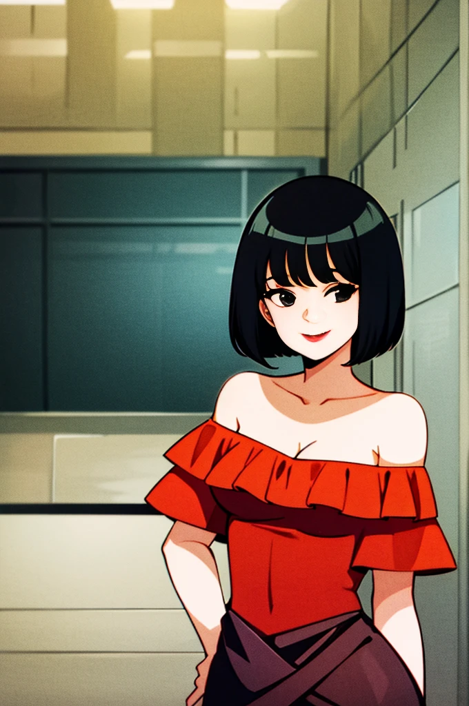 A Female with short black hair, bob cut, black eyes, Red lips, strapless, orange flamenco dress, shortsleeved orange ruffle off the shoulder top, black maxi skirt, detailed dress, bare shoulders, cleavage, standing in a indoor room in style of digital illustration, anime, 1 girl, solo, upper body, smile, looking at viewer, seductive
