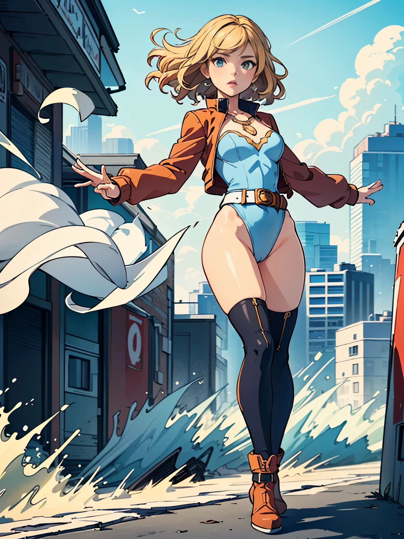 1girl, ??????????????, ((leotard, highleg leotard, light blue leotard)), (lighting bolt emblem on ?????), ???? legs, (tight belt), boots, matching boots, gloves, city backdrop, solo, single, standing, full body shot, cowboy shot, superhero, beautiful detailed eyes, power, ((blonde hair, short hair, wavy hair)), high school backdrop, outdoors, mature lady, teacher, spins fast in place like a tornado, wind swirls, rapid gyration, girl tornado spinning, girl turning to a whirlwind, outstretched arms, perfect body, good proportions, ((only five fingers))