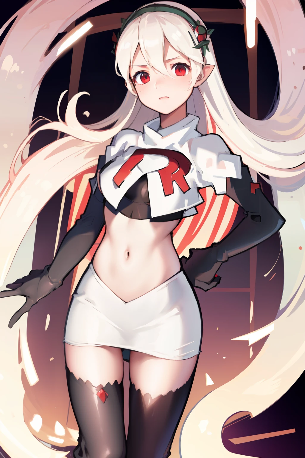 masterpiece, best quality, respCorrin, hair ornament, rose, team rocket,team rocket uniform, red letter R, white skirt,white crop top,black thigh-highs,black elbow gloves
