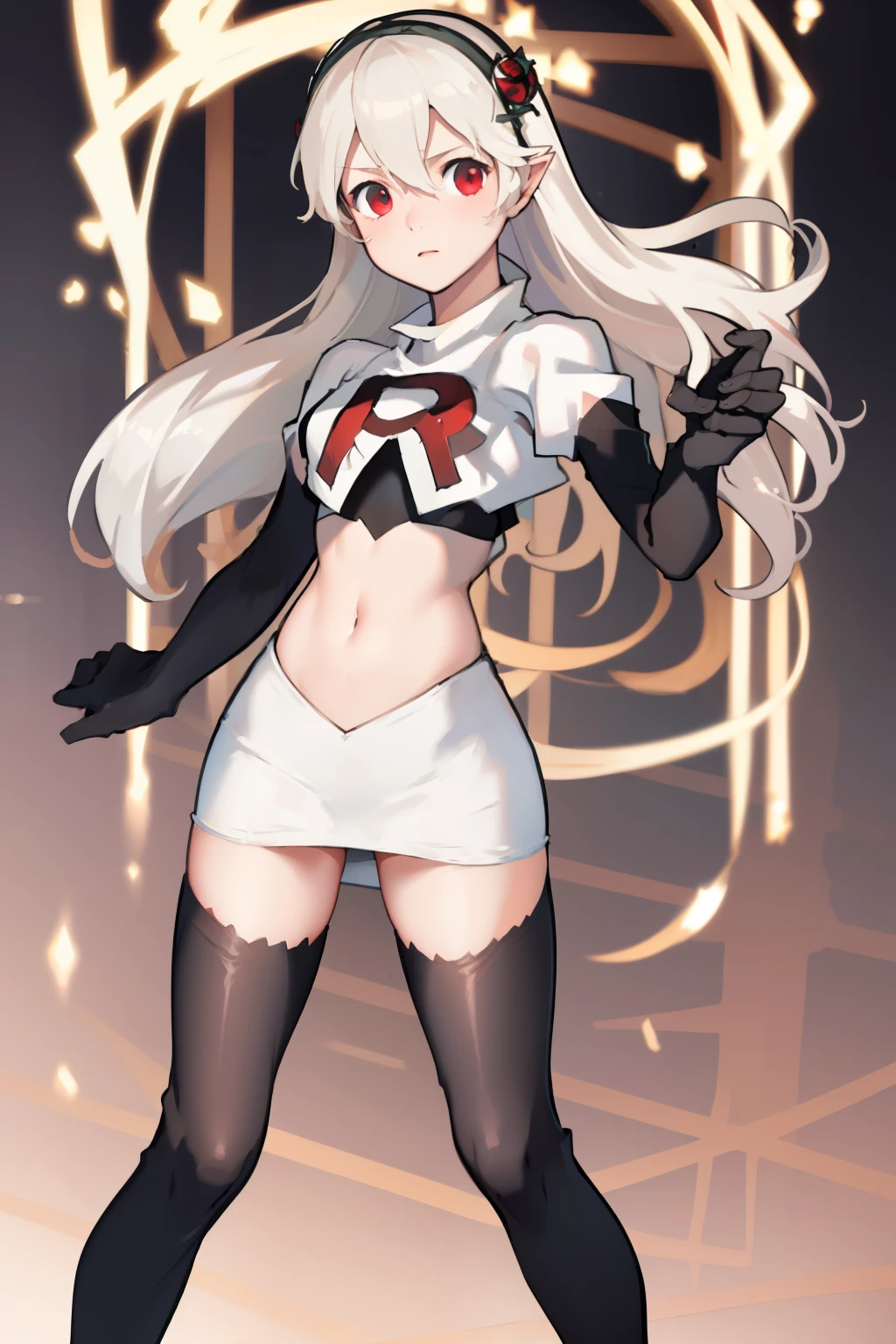 masterpiece, best quality, respCorrin, hair ornament, rose, team rocket,team rocket uniform, red letter R, white skirt,white crop top,black thigh-highs,black elbow gloves