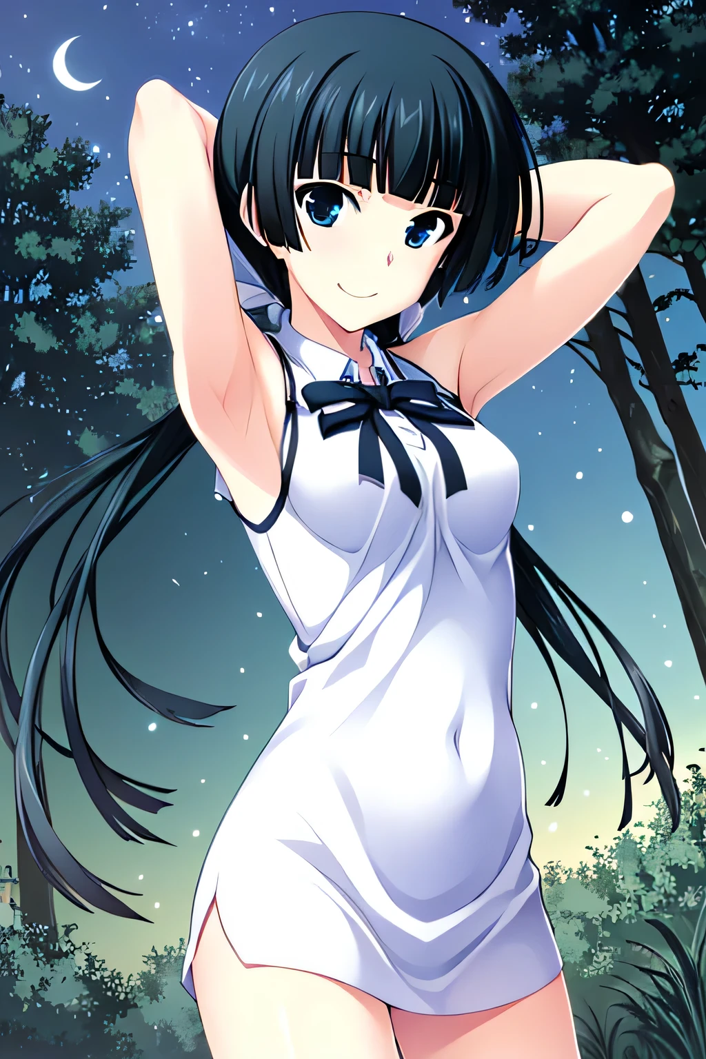 mayuzumi yukie, 1girl, best quality, masterpiece, white school uniform, solo, cowboy shot, closed_mouth, night sky, forest, arms behind head, spread armpits, contrapposto, shy smile, blue eyes,