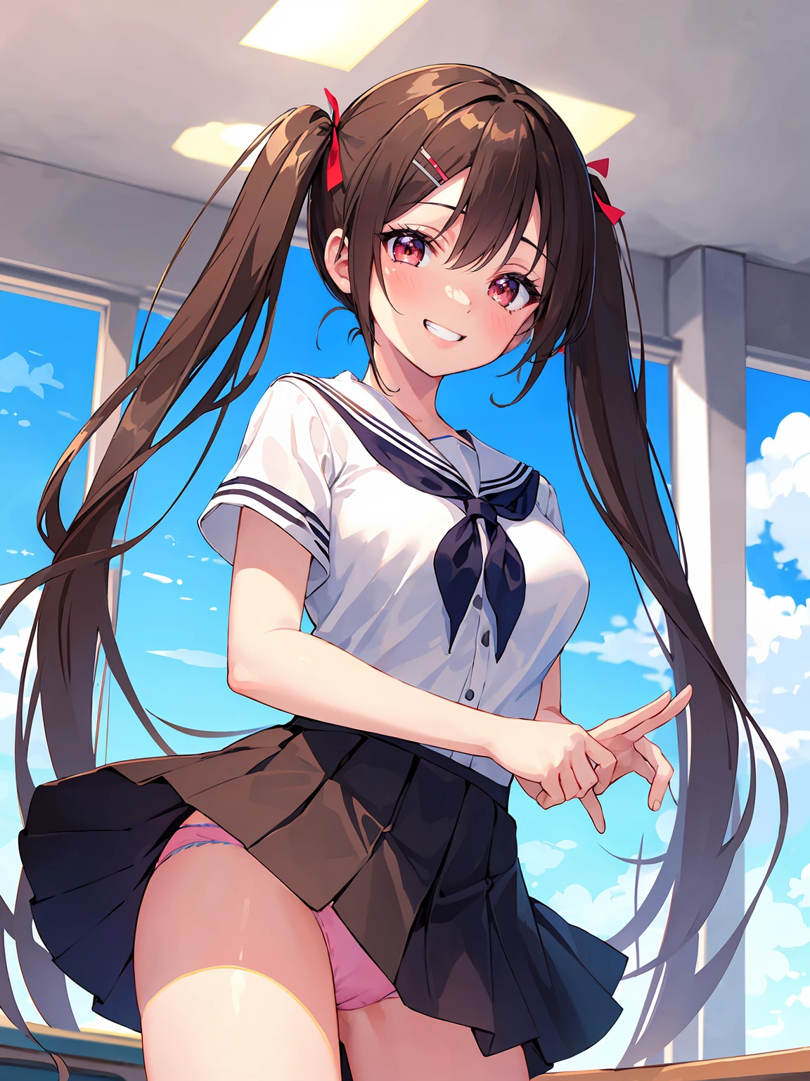 ((8K masterpiece,highest quality)), ultra high resolution, hyper detail, (1 girl), beautiful face, beautiful and delicate eyes,((red eyes)),Big eyes,shining eyes of light,Thin and long eyelashes,detailed light,((brown hair)),((long hair)), ((twin tails)),big breasts,school uniform,hair clip,hair ribbon,blitz short skirt,white knee high socks,light pink panties, Panty Pose, panty shot, (grinning smile),troubled face,(please open your mouth wide),(classroom),stand in the center of the screen,blue sky with clouds, Nice views, rainbow in the sky, particles of light, daytime, sunbeam,gust of wind,sense of speed, cowboy shot
