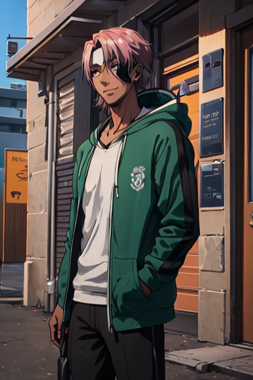 In this AI-generated artwork, a fusion character emerges, combining the features of Madara and Kakashi from Naruto with Cid from Eminence in the Shadows. The 2D anime portrayal showcases a dark-skinned figure with a low-cut black hairstyle, wearing an intricately detailed hoodie. The character, depicted in a solo pose, removes a headband, symbolizing significance and transition. Appearance: The hoodie incorporates a dark theme with subtle hints of blue, red, purple, green, and turquoise. The character's expression is a charismatic smile, blending Madara's stoicism, Kakashi's wit, and Cid's mysterious allure. Pose: The character stands casually with one hand in their pocket, embodying both relaxation and strength. The removal of the headband adds a narrative touch, enhancing the overall visual storytelling. Background: Set against a dark backdrop, the shadows highlight detailed features, creating a captivating composition with a hint of mystery.