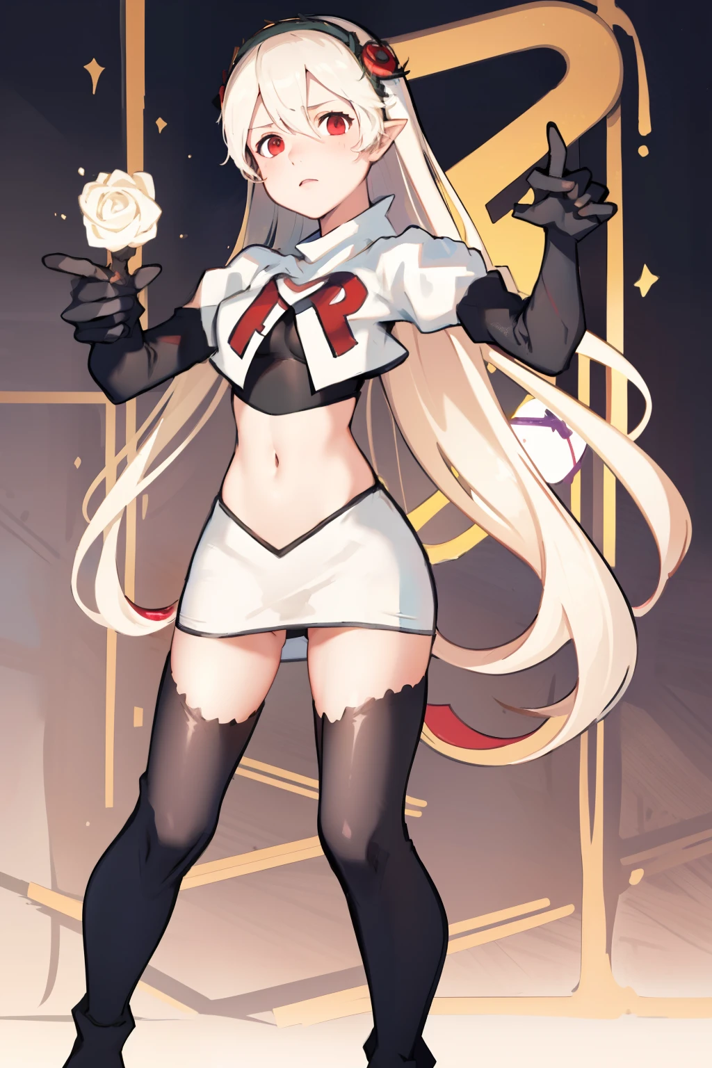 masterpiece, best quality, respCorrin, hair ornament, rose, team rocket,team rocket uniform, red letter R, white skirt,white crop top,black thigh-highs,black elbow gloves