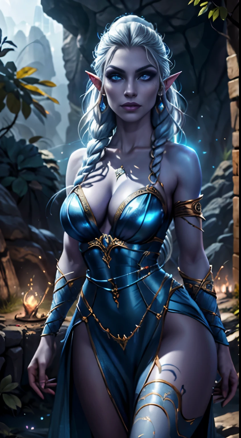 1girl, drow sexy, pele roxo-azul escura, long and elaborate braids of pale silver, ((Olhos vermelhos)), jewelries, orelhas de elfo, brincos, ((vestido sexy feiticeira branca)), ((maneja a equipe)), ((Cast light magic)), in a firelit cave, athletic, Volumetric lighting, best quality, master part, Realistic, anatomicamente correto, (Strong cinematic lighting), detalhes impressionantes, detalhes intrincados, 8K post-production, high resolution, super detalhes, trending on ArtStation, sharp focus, profundidade de campo f/1.8, studio photos, (((Looking at camera))), game street fighter, Warcraft,