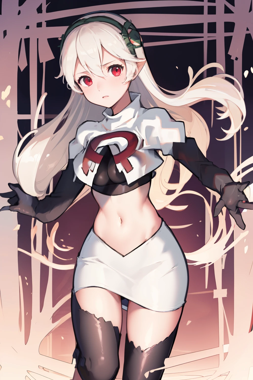 masterpiece, best quality, respCorrin, hair ornament, rose, team rocket,team rocket uniform, red letter R, white skirt,white crop top,black thigh-highs,black elbow gloves