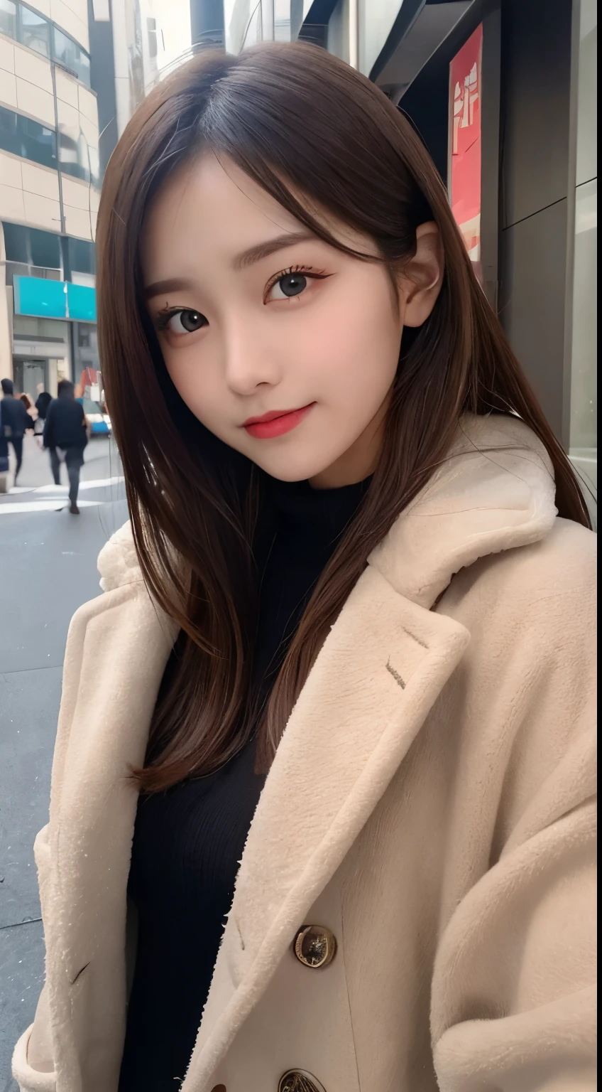 table top, highest quality, shape, Super detailed, finely, High resolution, 8k wallpaper, 完璧なダイナミックな構shape, beautiful and detailed eyes, Gorgeous and stylish black fluffy latest trend Tokyo winter clothes,ランダムなcute髪,small breasts,natural color lip, bold sexy pose,smile、20 year old girl、cute、sexy shot looking at camera,Always blur the background,perfect and beautiful face,Take only the face,beautiful and detailed face、slim face and style,Big eyes、Do gal makeup,real photos、luxury brand mink coat