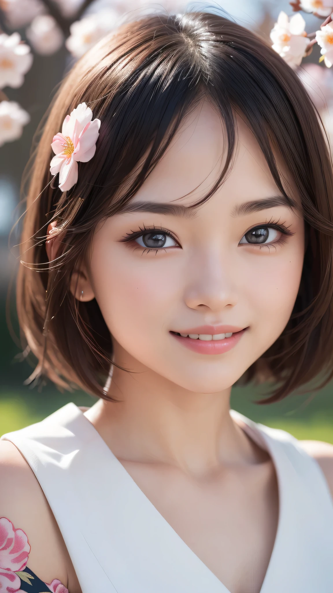 1girl, kawaii, extremely cute face, Amazing face and eyes, (highly detailed eyes, highly detailed face), (floral pattern kimono:1.2), (kimono with open front), (bare shoulders), caute smile, (best quality:1.4), (Ultra realistic, high res), Raw photo, (realistic, photo-realistic:1.37), professional photography, cinematic light, Temple, cherry blossoms,