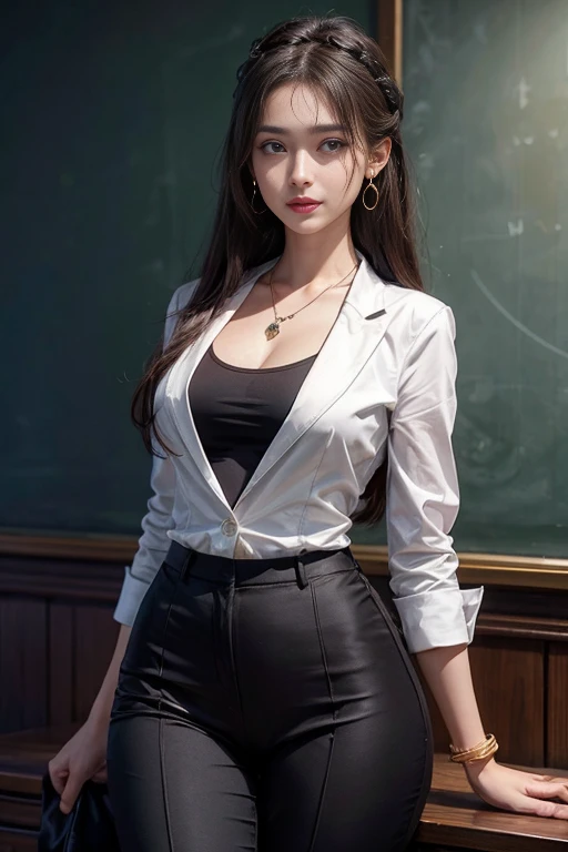 8K, table top, RAW photo, highest quality, realistic, Highly detailed CG Unity 8K wallpaper, Depth of bounds written, professional lighting, ray tracing, (very beautiful face, beautiful lips, beautiful eyes), face with intricate details, ((super dense skin)) 1 girl, deep shadow, (Sexy female teachers), ((looking at the viewer)), (enchanting smile), (blurred background), (big breasts), earrings, bracelet, necklace, clear eyes, black background, front shot, (white skin), look forward, (Big eyes), (upper body shot), (camel toe), classroom, blackboard, (business suit:1.3), (black stockings, Garter Bert), (I can see your pants:1.2),
