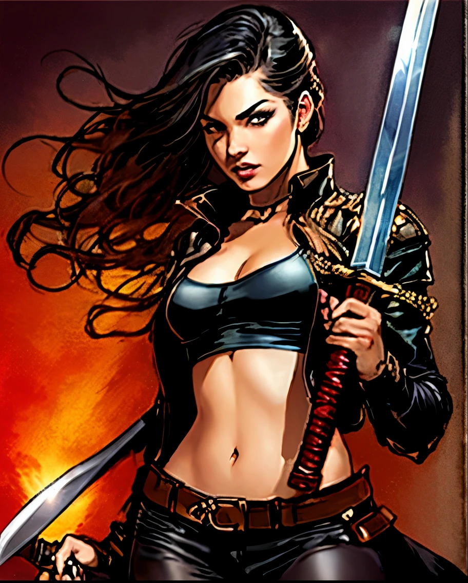 a close up of a woman holding a sword and wearing a black top, zenescope, holding a sword on her shoulder, as illustrated in top cow comics, artgerm greg rutkowski _ greg, she is holding a sword, artgerm and j. dickenson, chris moore. artgerm, style of raymond swanland