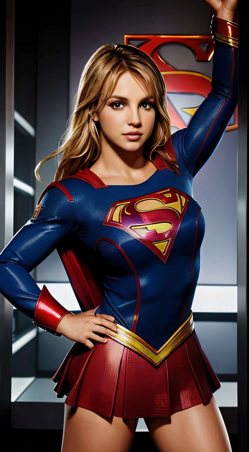 Britney Spears,((Traje de Supergirl)),(Sin mangas),un sexy, Logotipo de Superman, plano completo, pose de pie, looking to the camera、Realismo、fotorrealismo、Alto contraste, mirada centrada, con la mirada centrada,
