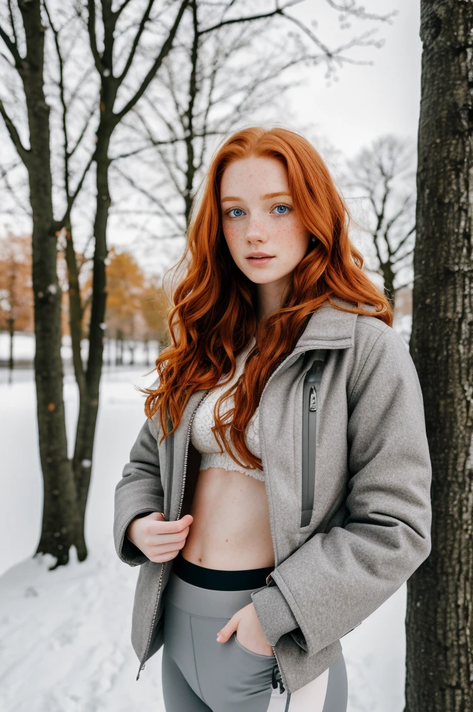 1girl in, age19, Solo, Aesthetic artwork, irish redhead, wavy ginger hair, shoulder length ginger hair, gray eyes, light grey eyes, some small freckles, pale skin, A-cup, small breasts, runners body, (textured skin, skin pores:1.1), (moles:0.8), imperfect skin, goosebumps, outside in city park taking a selfie, stone path, snow, late fall weather, (extremely detailed 8k wallpaper), soft lighting, high quality, film grain, Fujifilm XT3 sharp focus, f 5.6, 50mm, High Detail, Sharp focus,(natural light), black winter jacket, leggings, crazy details, complex details, hyperdetailed