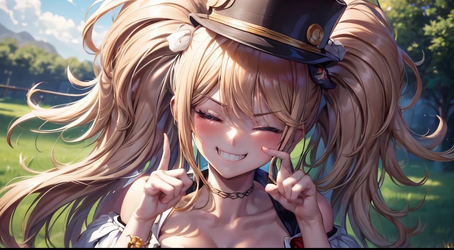 1girl, grass, bangs, bare_shoulders, blush, breasts, brown_hair, cleavage, eyebrows_visible_through_hair, grin, hat, large_breasts, long_hair, looking_at_viewer, off_shoulder, one_eye_closed, smile, solo
