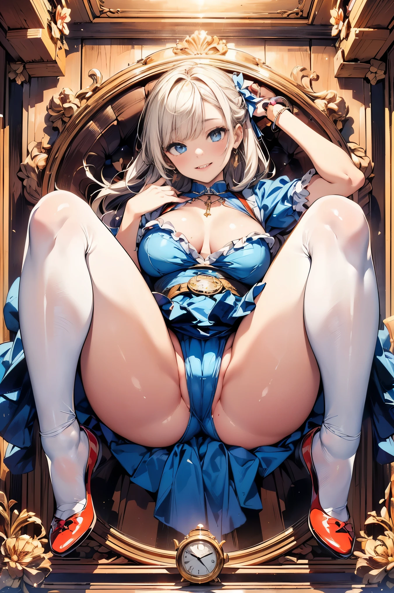 (master piece, high-quality, Mystical, Beautifully Aesthetic, ideal ratio of body proportions, image art, Impresionism), (ultra high resolution, 8K RAW photo, photo realistics, natural lighting, textile shading), (1 matured woman:1.3, solo:1.5, milf:1.1, nsfw:1.37), (Fractal pattern Art:1.2), shinny skin, tile patterns, ((alice in the wonderland:1.2, a girl floating in air:1.35, smiling with half-closing eyes)), ((flying PlayingCards, Trump, floating tea cup, floating tea pot, pocket watch:1.3, big mirror, lip sticks, candys, jam bottles)), cute animetic white rabbit, ((dark-Blue dress :1.5, a miniskirt, White Apron, white sock)), (platinum-blonde, tied hair with a ribbon), (Blue eyes, bright pupils with highlights, detailed eyes), (lying on your back:1.2, leaning backward:1.2, with rising up legs:1.3), ((dutch angle:1.5, full body:1.3, from below:1.2)), Exotic wallpapers, colorful image, simply background, fantastic, fantasy:1.5, ((correct anatomy:1.5, correct hand)),