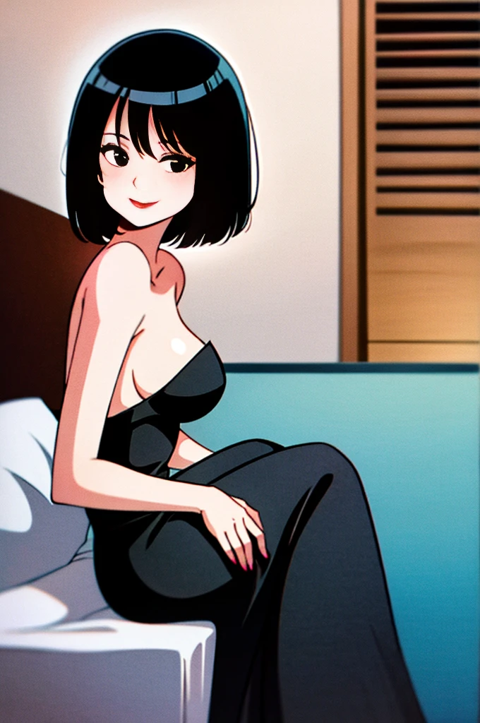 A Female with short black hair, bob cut, black eyes, Red lips, strapless, flamenco dress, shortsleeved orange ruffle off the shoulder top, black maxi skirt, detailed dress, bare shoulders, cleavage, bare feets, sitting down on her bed, with candles burning on the ground, bedroom background, in style of digital illustration, anime, 1 girl, solo, upper body, smile, looking at viewer, seductive