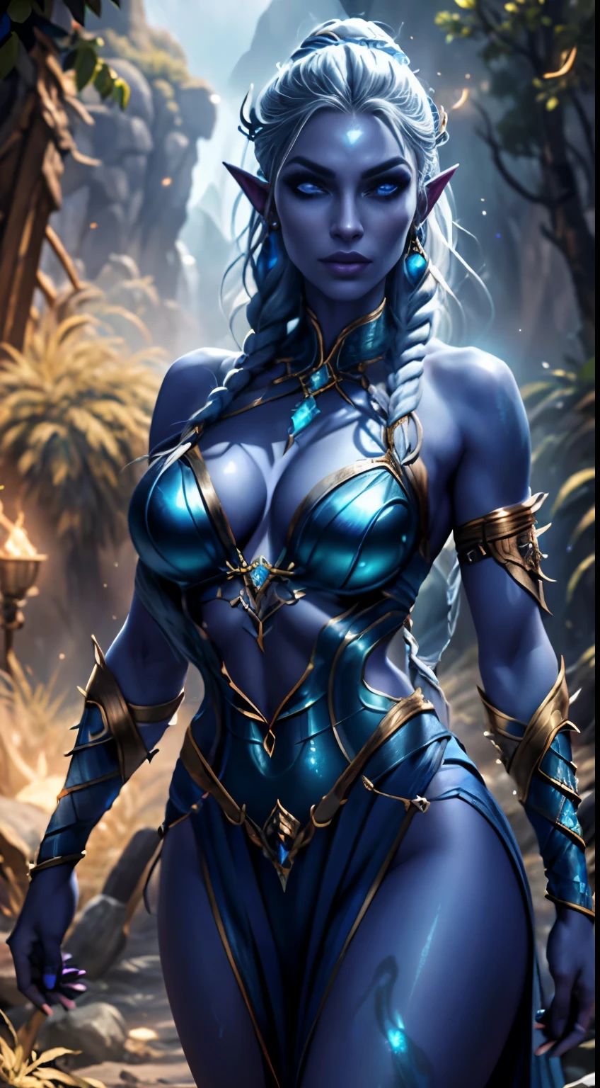 1girl, drow sexy, pele roxo-azul escura, long and elaborate braids of pale silver, ((Olhos vermelhos)), jewelries, orelhas de elfo, brincos, ((vestido sexy feiticeira branca)), ((maneja a equipe)), ((Cast light magic)), in a firelit cave, athletic, Volumetric lighting, best quality, master part, Realistic, anatomicamente correto, (Strong cinematic lighting), detalhes impressionantes, detalhes intrincados, 8K post-production, high resolution, super detalhes, trending on ArtStation, sharp focus, profundidade de campo f/1.8, studio photos, (((Looking at camera))), game street fighter, Warcraft,