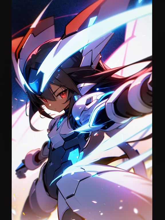 Masterpiece, best quality, highres, amazing quality, tenchi muyo, flat chested, (male), (8 year old boy), (shota), (Dark skin), cute, red eyes, very long dark brown hair, blue gem on forehead, white mecha musume armour, white exosuit armour, black powersuit, white mecha armour legging, long black mecha tail, badass, cool, shounen, close up,  mecha funnels, 