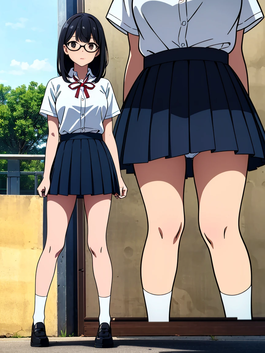 Highest image quality,(multiple views)((1 girl))((high school girl))((Amagami))Happy,outdoor,station,black hair,ribbon,Glasses,mini skirt,Short sleeve shirt,Remove button,panties,bra,loose socks,whole body,from below,masturbation