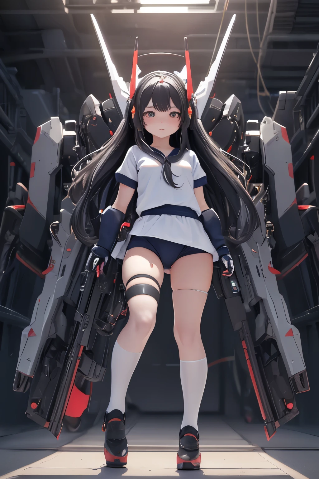 (highest quality)), ((masterpiece)), (very detailed: 1.3), 3D, {(1  girl)}, (wear navy buruma and white gym uniform with colored hem under armor:1.3), (black hair:1.5), (She is fused with futuristic Gundam mecha:1.2), with headgear, with v-fin , armored shoulders,armored under arms, armored under legs, short sleeve, attached 2 huge weapons on back, legs mounted weapon module, multilayer textureperfect proportions, octane rendering, duotone lighting, Low ISO, wide aperture, White balance, Rule of thirds, ultra HD16k, HDR (High Dynamic Range), Ray Tracing, NVIDIA RTX, Super Resolution, Subsurface Scattering, PBR Texturing, Post Processing, Anisotropic Filtering, Depth of Field, Maximum Clarity and Clarity, High efficiency subpixel, subpixel convolution, particles of light, light scattered, Tyndall effect, full body:1.5, battle pose, cute, (cute:1.2), (long hair:1.3),太い眉毛, 薄い色の虹彩, 大きくて輝いている黒い瞳, 長いまつげ, 小さく薄い色の自然な唇, (Average face of Japanese idols), (日本人特有の童顔:1.3), (baby おでこ:1.2, ふっくらした頬, 小さな顎, in the hangar,looking at viewer,Focus on the eyes , (完璧な4本の指, 親指1本),