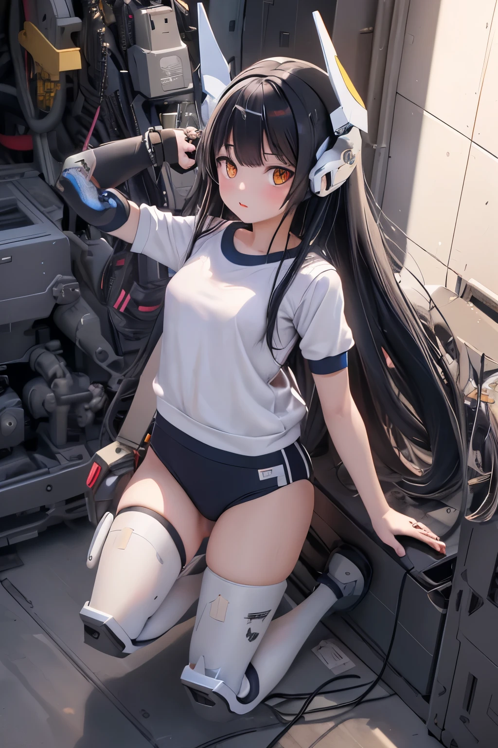 (highest quality)), ((masterpiece)), (very detailed: 1.3), 3D, {(****ung girl)}, (wear navy buruma and white gym uniform with colored hem under armor:1.3), (black hair:1.5), (She is fused with futuristic Gundam mecha:1.2), with headgear, with v-fin , armored shoulders,armored under arms, armored under legs, short sleeve, attached 2 huge weapons on back, legs mounted weapon module, multilayer textureperfect proportions, octane rendering, duotone lighting, Low ISO, wide aperture, White balance, Rule of thirds, ultra HD16k, HDR (High Dynamic Range), Ray Tracing, NVIDIA RTX, Super Resolution, Subsurface Scattering, PBR Texturing, Post Processing, Anisotropic Filtering, Depth of Field, Maximum Clarity and Clarity, High efficiency subpixel, subpixel convolution, particles of light, light scattered, Tyndall effect, full body:1.5, battle pose, cute, (cute:1.2), (long hair:1.3),太い眉毛, 薄い色の虹彩, 大きくて輝いている黒い瞳, 長いまつげ, 小さく薄い色の自然な唇, (Average face of Japanese idols), (日本人特有の童顔:1.3), (baby face), 広いおでこ:1.2, ふっくらした頬, 小さな顎, in the hangar,looking at viewer,Focus on the eyes , (完璧な4本の指, 親指1本),