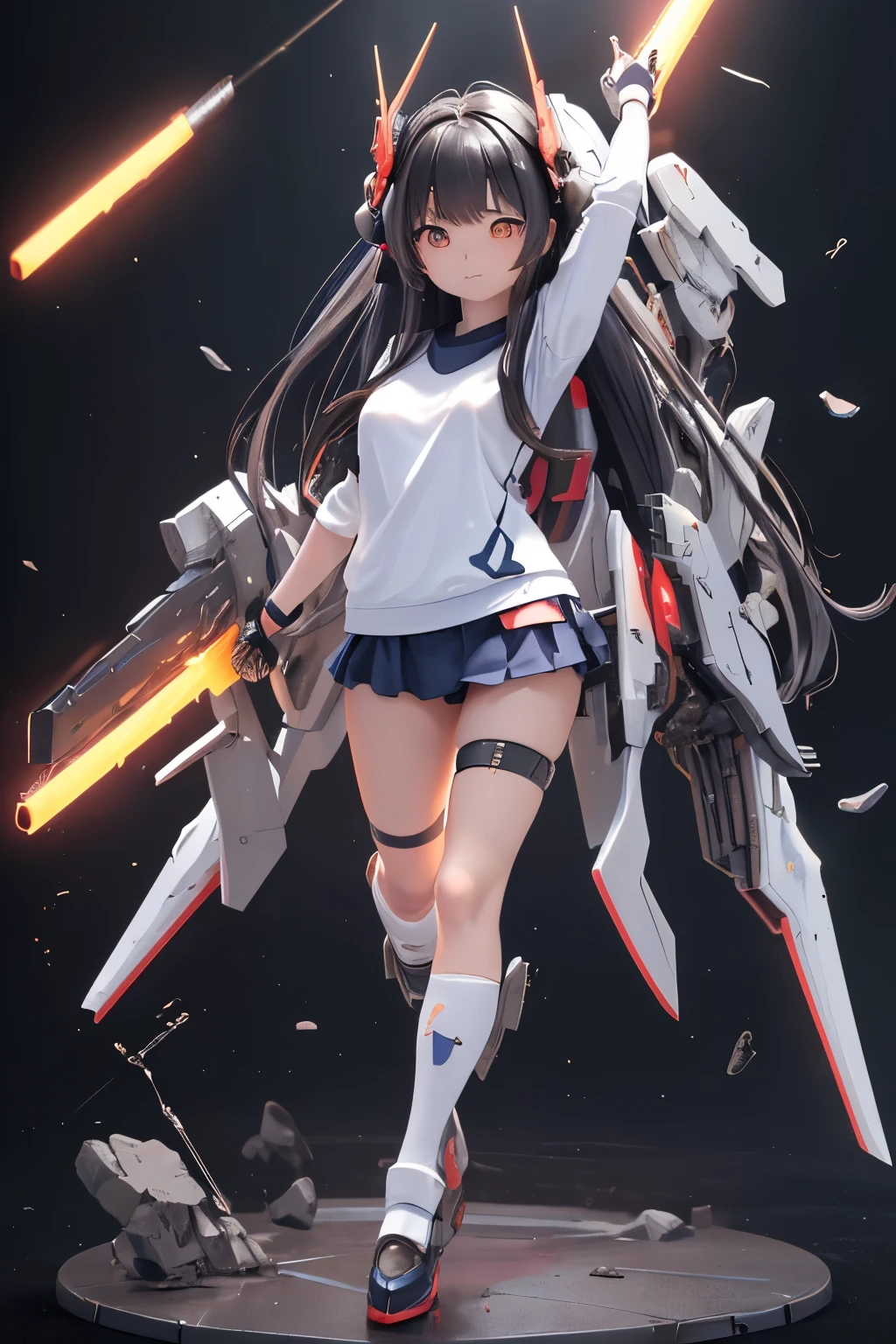 (highest quality)), ((masterpiece)), (very detailed: 1.3), 3D, {(1 young girl)}, (wear navy buruma and white gym uniform with colored hem under armor:1.3), (black hair:1.5), (She is fused with futuristic Gundam mecha:1.2), with headgear, with v-fin , armored shoulders,armored under arms, armored under legs, short sleeve, attached 2 huge weapons on back, legs mounted weapon module, multilayer textureperfect proportions, octane rendering, duotone lighting, Low ISO, wide aperture, White balance, Rule of thirds, ultra HD16k, HDR (High Dynamic Range), Ray Tracing, NVIDIA RTX, Super Resolution, Subsurface Scattering, PBR Texturing, Post Processing, Anisotropic Filtering, Depth of Field, Maximum Clarity and Clarity, High efficiency subpixel, subpixel convolution, particles of light, light scattered, Tyndall effect, full body:1.5, battle pose, cute, (cute:1.2), (long hair:1.3),太い眉毛, 薄い色の虹彩, 大きくて輝いている黒い瞳, 長いまつげ, 小さく薄い色の自然な唇, (Average face of Japanese idols), (日本人特有の童顔:1.3), (baby face), 広いおでこ:1.2, ふっくらした頬, 小さな顎, in the hangar,looking at viewer,Focus on the eyes , (完璧な4本の指, 親指1本),