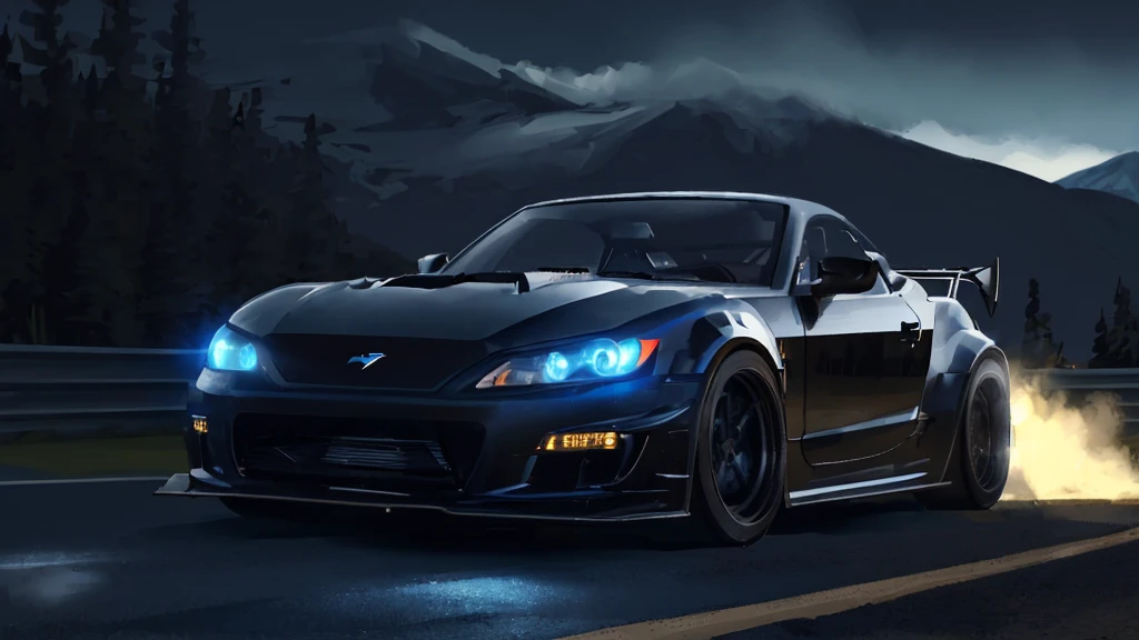 (black sports car, blue headlights, drift driving, car racing), (mountain pass road at night), (8k, extremaly detailed, lighting like a movie, lense flares)