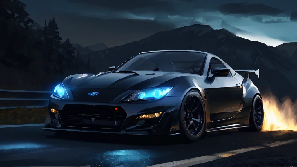 (black sports car, blue headlights, drift driving, car racing), (mountain pass road at night), (8k, extremaly detailed, lighting like a movie, lense flares)
