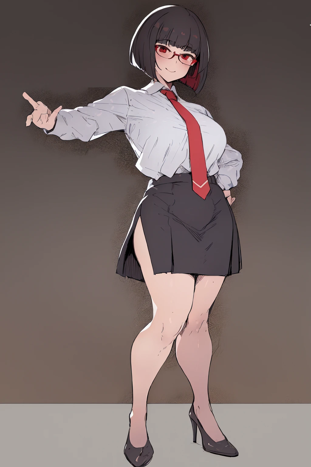 (best quality, masterpiece1.2), detailed,1girl, solo,looking at viewer,simple background,
dynamic pose,smile ,detailed eyes , full body, red eyes, dark hair ,  bob cut, office lady, mature male, necktie, glasses, miniskirt,
 