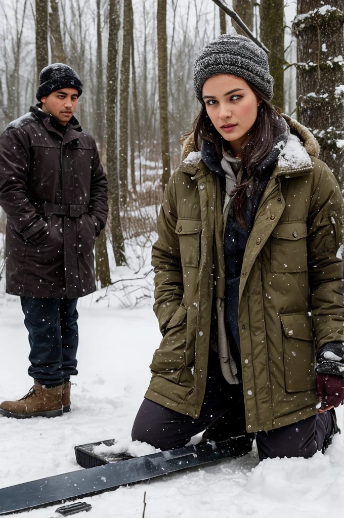 On the snow,a female prisoner of war,Hands tied behind their backs,Kneeling on the ground,A big man next to him is holding a long knife,Cutting at the beautiful prisoner of war