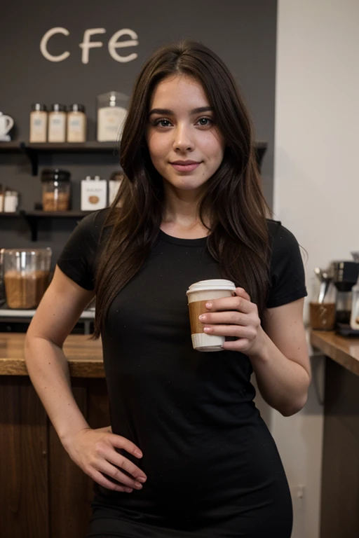hermosa chica,pelo rubio,ruso,bebiendo cafe,coffee shop,feliz,vestido negro,Hombre de influencia,Alto detalle, tiene senos grandes y cabello oscuro
