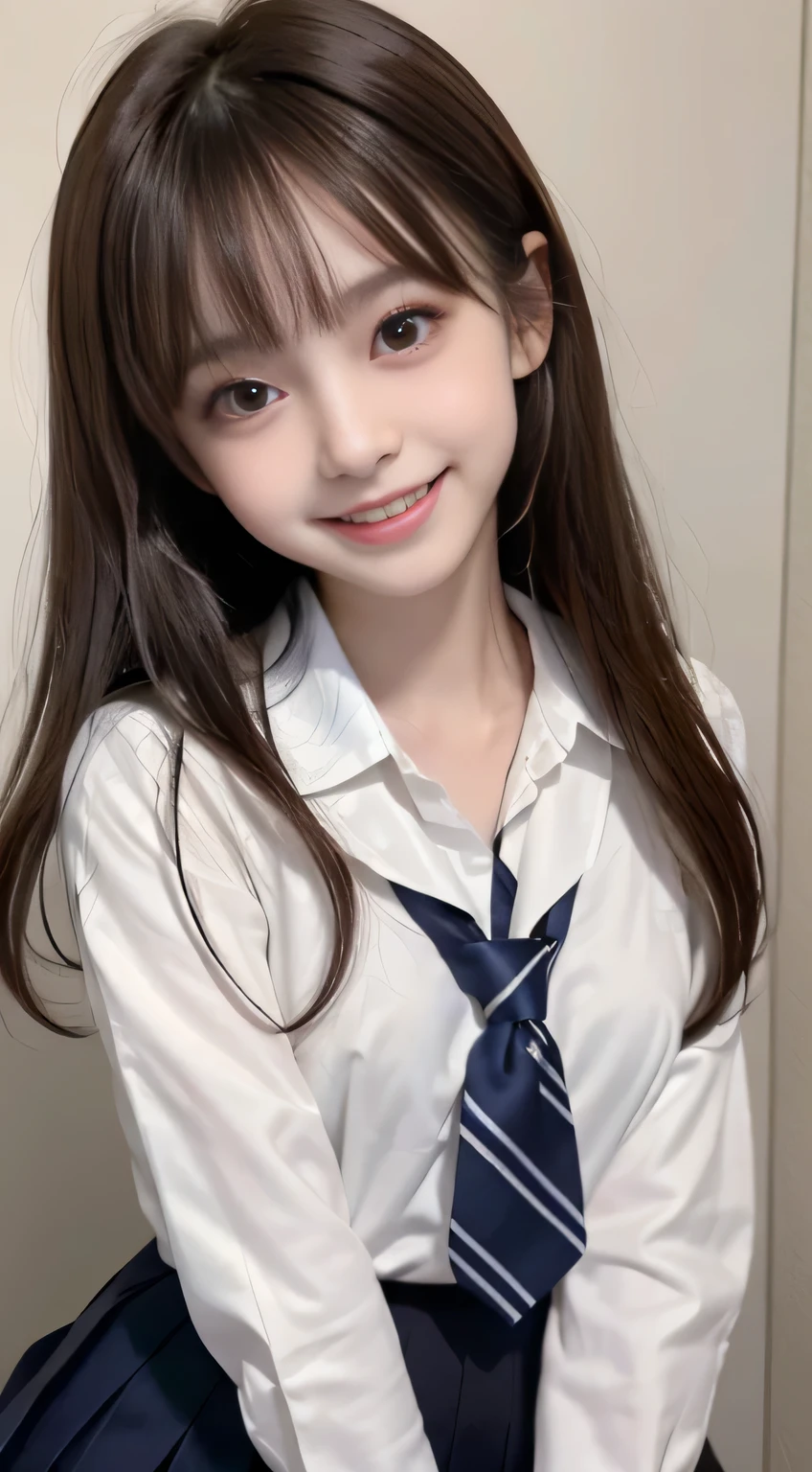 15-year-old female, (medium breasts), (Japan Schoolgirls), (white teeth), (smile:1.2), (laughter:1.2), (light brown hair:1.3), (bright hair), dull bangs, hair behind the ear, shoulder hair, (black eye), (Big eyes:1.2), (long hair), ( slender body shape), (Extra-fine face), delicate lips, (beautiful eyes), light blush, brown eyes, (shiny skin, perfect skin :1.3), (white shirt:1.3, Flared skirt in navy blue)