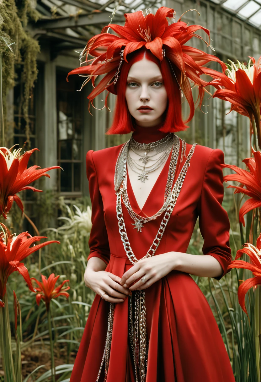 vivienne westwood fashion editorial style of a girl wearing a red dress with a lot of silver chains and silver details, she is standing in the middle of the picture, there are a lot of spider lilies around her,  pale skin, floral organic dreamy, high fashion, trendy, stylish, editorial, magazine style, professional, highly detailed