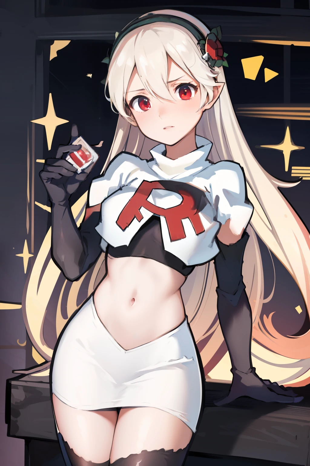 masterpiece, best quality, respCorrin, hair ornament, rose, team rocket,team rocket uniform, red letter R, white skirt,white crop top,black thigh-highs,black elbow gloves