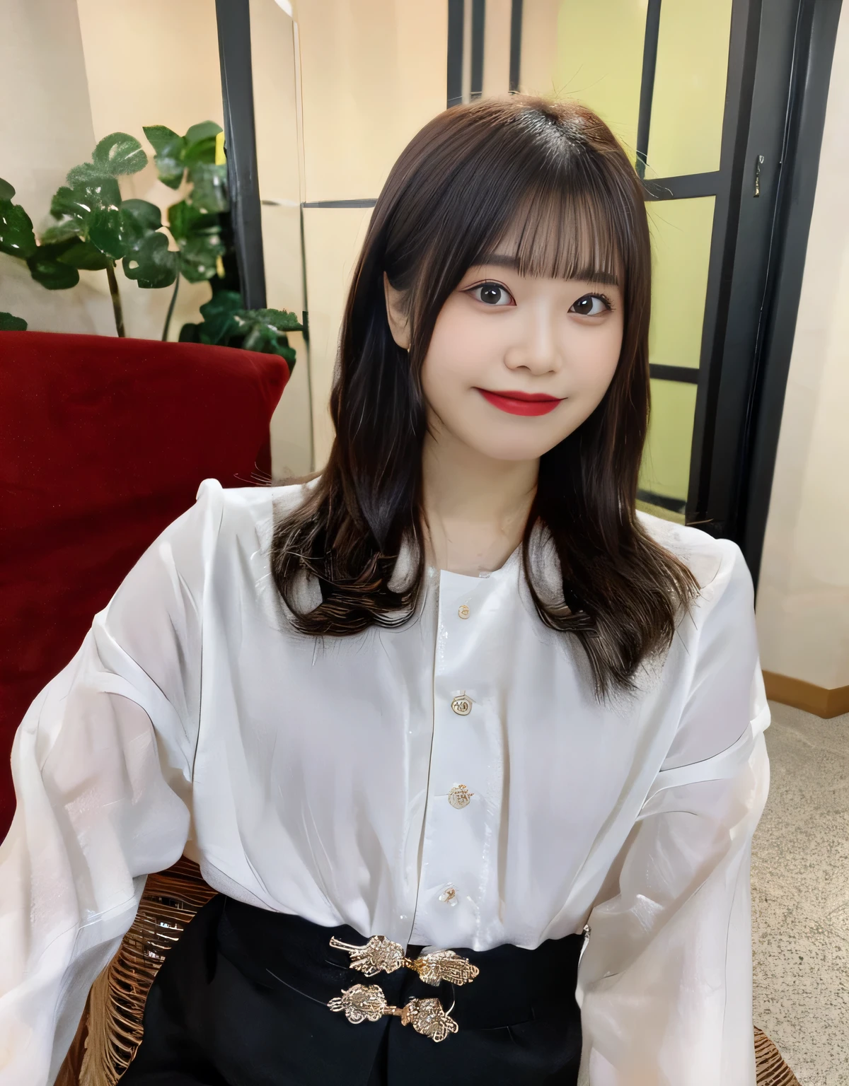shirasusaho,(huge breasts:1.1),looking at the viewer,((masterpiece)),((highest quality)),perfect anatomy,8K UHD,highly detailed face,luster and luster,((1 girl)),((alone)),perfect image,(Upper body:1.1),(look ahead:1.1),Arms behind,slim waist,shiny hair,Are standing,super detailed,disorganized,light smile,(beautiful skin),Teak cheek,Natural red lips,High resolution,white shirt,Shiny black tight skirt,indoor,