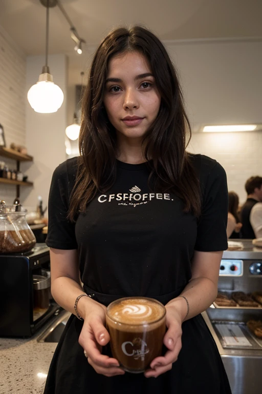 hermosa chica,pelo rubio,ruso,bebiendo cafe,coffee shop,feliz,vestido negro,Hombre de influencia,Alto detalle, tiene senos grandes y cabello oscuro, cica hermosa de senos medianos y culo grande, ella no es flaca, ella hace ejercicio