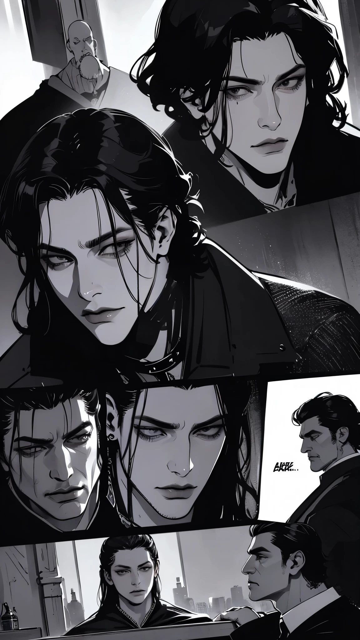 high detail, masterpiece, dramatic lighting(absurdres, highres, ultra detailed), extremely detailed CG unity 8k. mature face, adult man, man, mature man, muscular, tall, long dark black hair, sharp jawline, sharp eyes, muscular build, earrings, mature man, formal black clothing, blood
