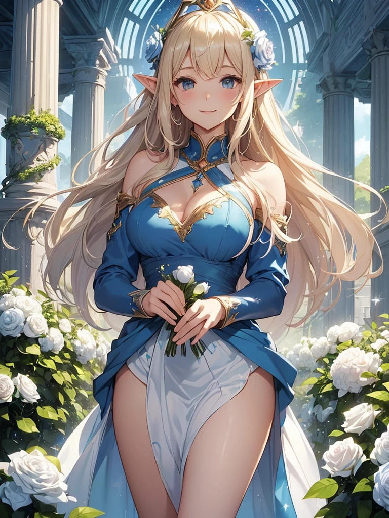 highest quality、Highest image quality、masterpiece、Super beautiful elf beauty from behind((22 years old OL big bust、bust 90,beautiful long ironed hair、blonde、globe、、slender、Close-up、Esbian、beautiful tiara、High quality、beautiful art、background((starry ski)))muste piece、visual art、Depth of bounds written、low angle of morning sky、、elf ears、、magic of light、space knight、harp melody🎵、A happy smile、gentle light、、Beautiful legs that are gentle on the skin、、、Number of fingers to achieve precise finger movements、ticker beautiful decorative、elegant、mystical　rosa、　heaven、marble columns, beautiful dressy、blue dress、magnificent marble dome、giant galaxy、religious painting、Embracing a bouquet of white roses、temple of time、great watch、hourglass、sundial、moment of creation！myth、alphonse mucha art、art nouveau、ancient greece、Rome、byzantine art、gold foil、Raphael&#39;s paintings、renaissance art、Lord of the Ring、sexy、friendly smile、fairy forest、Summer Forest、massive trees、many branches and leaves、Give me a bouquet of white roses、Congratulations