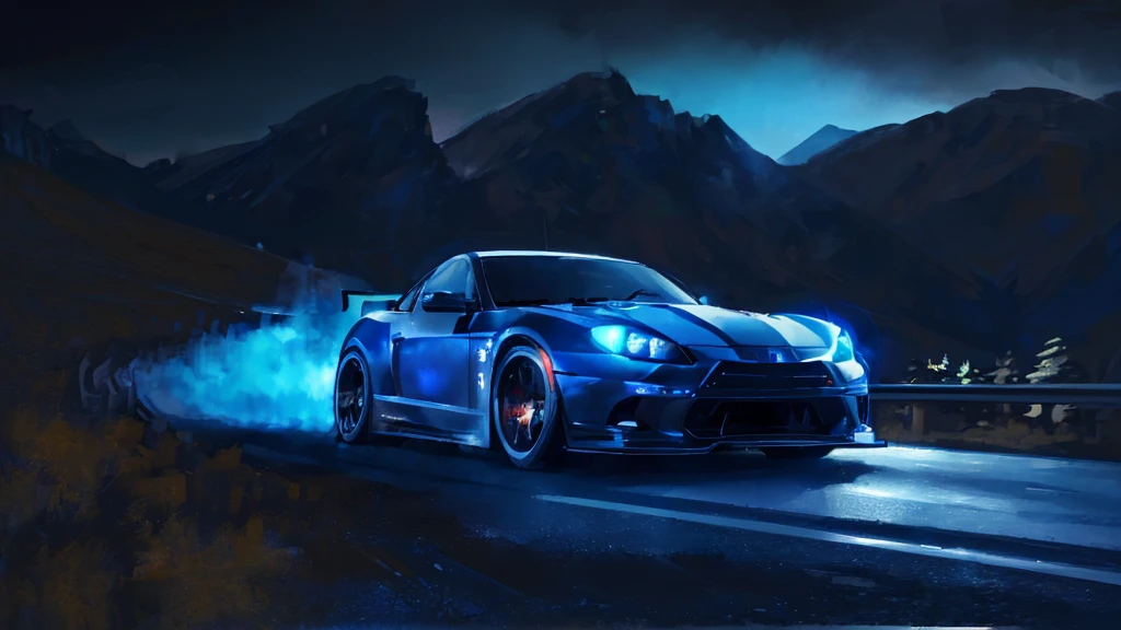 (black sports car, blue headlights, drift driving, car racing), (mountain pass road at night, blue neon), (8k, extremaly detailed, lighting like a movie, lense flares)