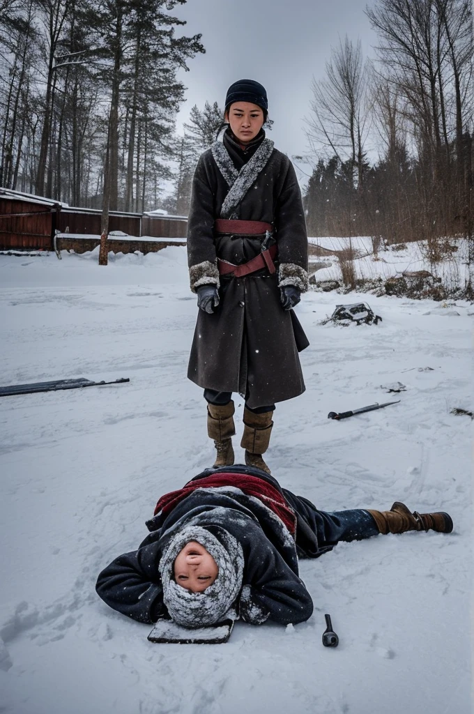 On the snow,a female prisoner of war,Thin clothes,Shivering,Hands tied behind their backs,Kneeling on the ground,Next to me is a beautiful woman holding a long knife,Slash the neck of a beautiful prisoner of war,Blood飞溅,Blood,wounds,