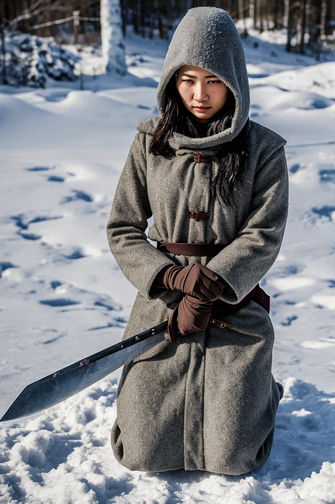 On the snow,a female prisoner of war,Thin clothes,Shivering,Hands tied behind their backs,Kneeling on the ground,Next to me is a beautiful woman holding a long knife,Slash the neck of a beautiful prisoner of war,Blood飞溅,Blood,wounds,Separation of head and body,