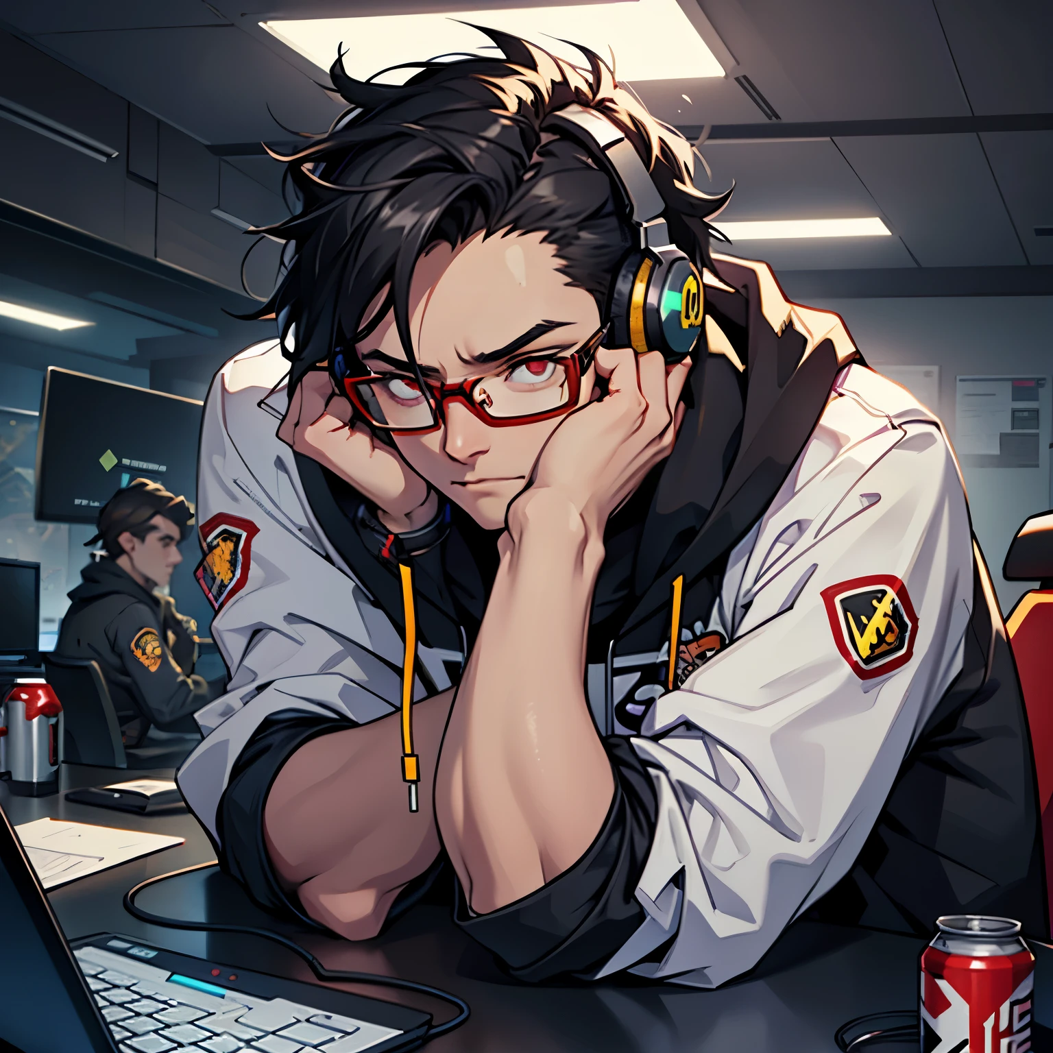(Best Quality, 1080p), gamer nerd kid, greasy hair, acne-covered face, late Monday school night, intense focus on computer screen, Overwatch logo glowing, determined expression, wearing headphones, hands flying over keyboard and mouse, glasses on nose, red-eye effect from prolonged use, surrounding room dimly lit, piles of empty energy drink cans nearby.
