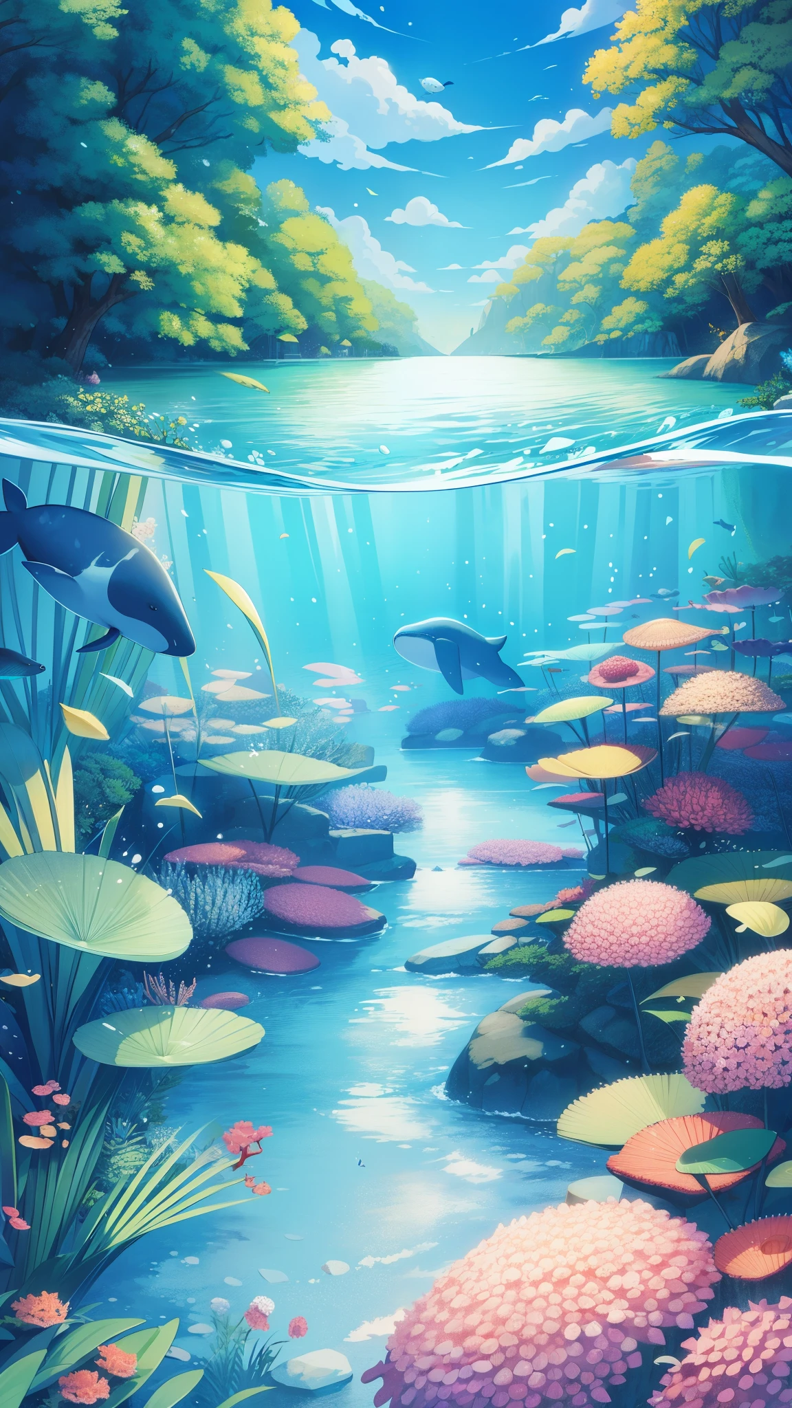 whale、白whale、Haihara、storm、bao phan、The corals、fish、Plants、Wave、津Wave、White out、Rocky reefs、blue sky、白whaleがblue skyを泳ぐ、