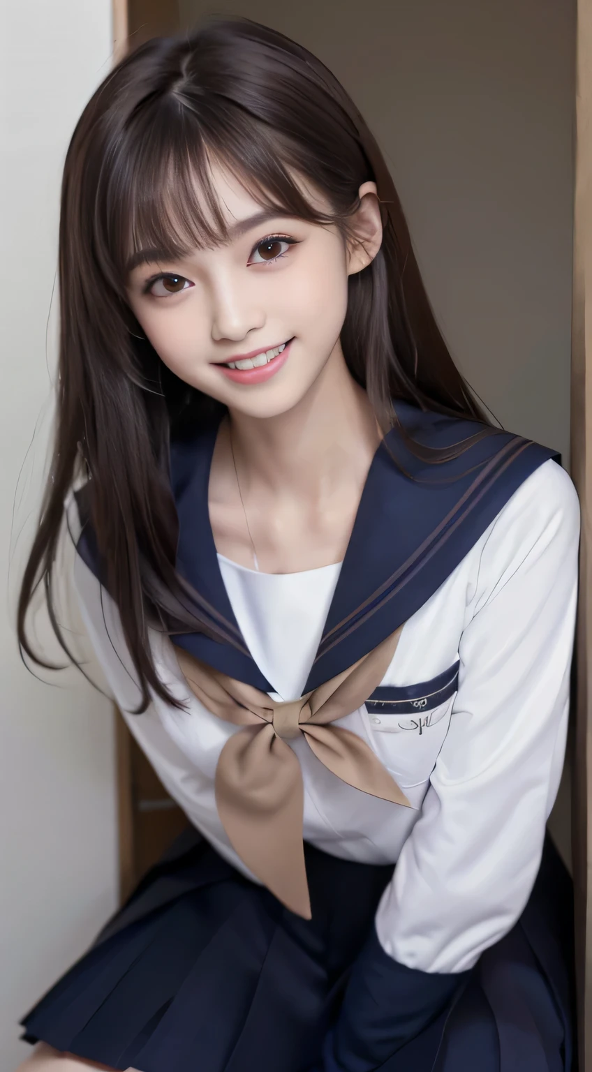 15-year-old female, (medium breasts), (Japan Schoolgirls), (white teeth), (smile:1.2), (laughter:1.2), (light brown hair:1.3), (bright hair), dull bangs, hair behind the ear, shoulder hair, (black eye), (Big eyes:1.2), (long hair), ( slender body shape), (Extra-fine face), delicate lips, (beautiful eyes), light blush, brown eyes, (shiny skin, perfect skin :1.3), (sailor suit:1.3, Flared skirt in navy blue)