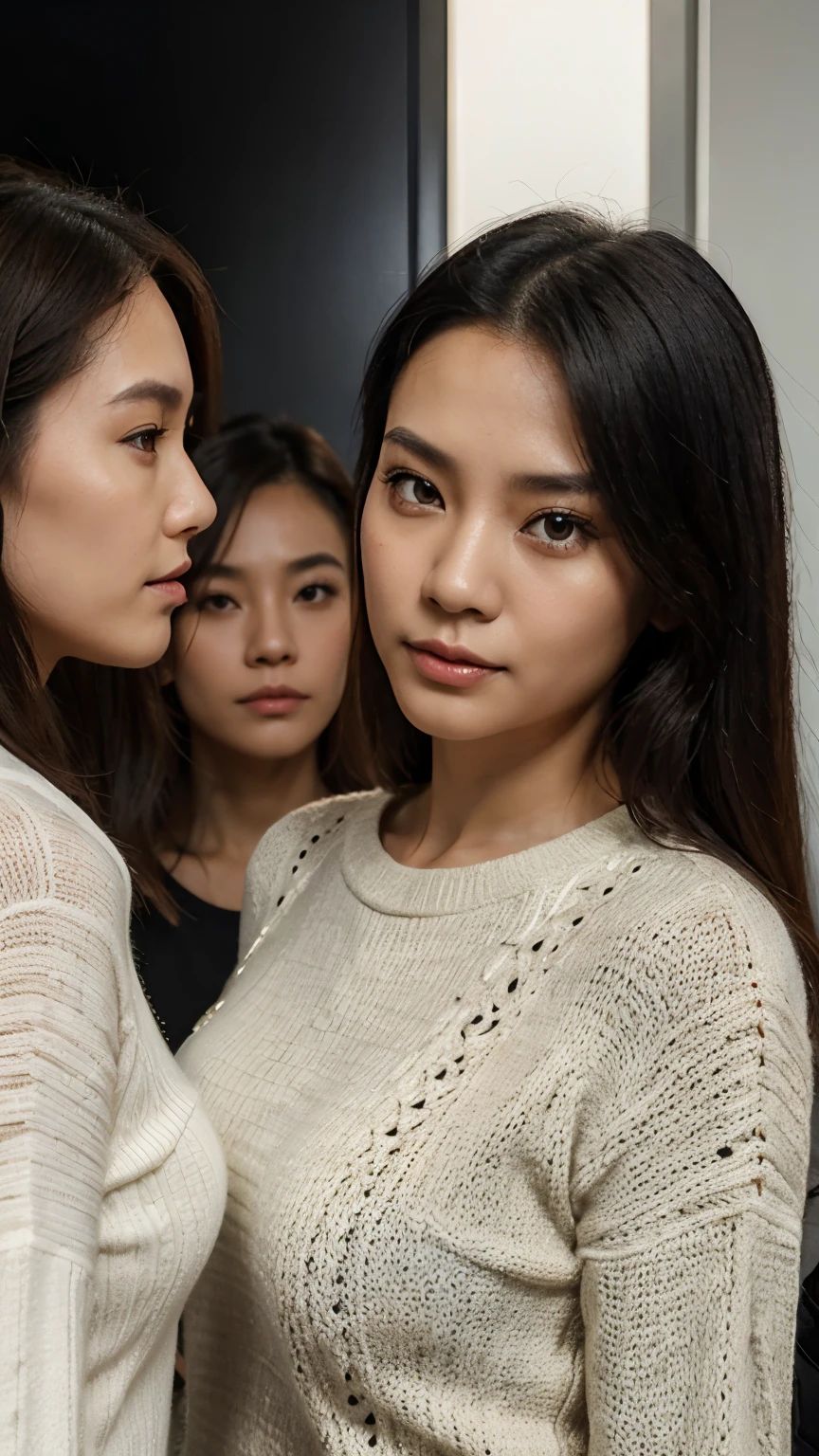 30 years old hong kong woman in meeting with another 2 ladies, knit jumper long sleeves, hyper realistic, realistic skin tone, realistic skin texture, symmetric face, half body