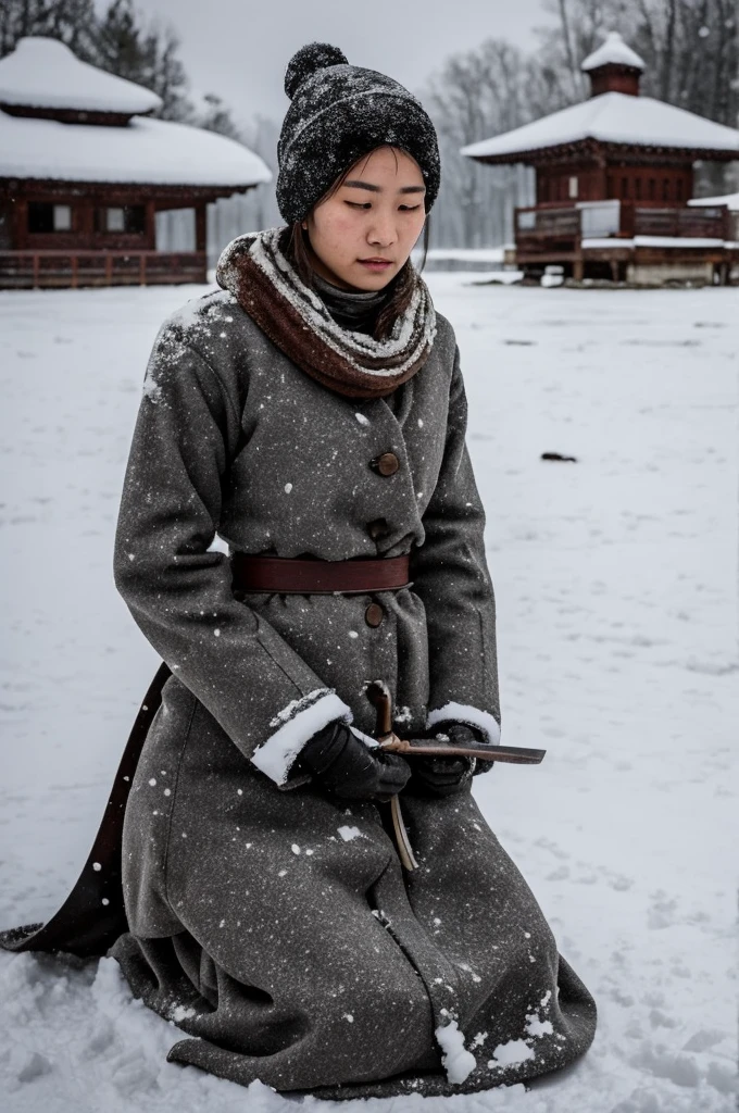 On the snow，a female prisoner of war，Thin clothes，Shivering，Hands tied behind their backs，Kneeling on the ground，Next to me is a beautiful woman holding a long knife，Slash the neck of a beautiful prisoner of war，Blood飞溅，Blood，wounds，Separation of head and body，