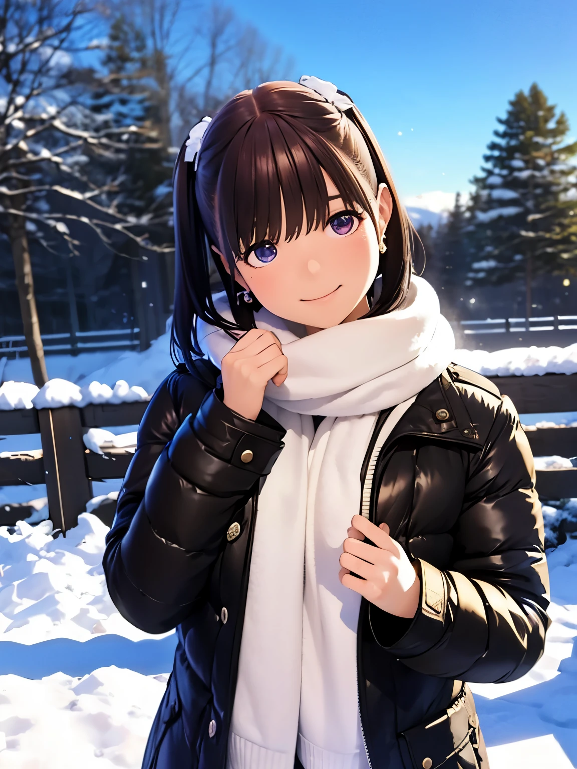 High resolution,8K,best quality,detailed,semi-realistic anime,Anime 3D Style,Smooth Anime CG,1peopleの女の子,20 year old Japanese woman,slim,model,shiny chestnut hair,medium hair,detailedに書かれた顔,綺麗でdetailedな瞳,glowing skin,(cook coat,Layering,winterの服),beautiful earrings,((winter,cold morning in january,snowfall,It's snowing)),(street:0.8), (people, large crowd:1),hard focus particles,soft lighting,look at the audience,A sloppy smile