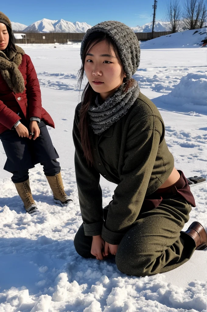 On the snow,a female prisoner of war,Thin clothes,Shivering,Hands tied behind their backs,Kneeling on the ground,Next to me is a beautiful woman holding a long knife,Slash the neck of a beautiful prisoner of war,Blood飞溅,Blood,wounds,Separation of head and body,