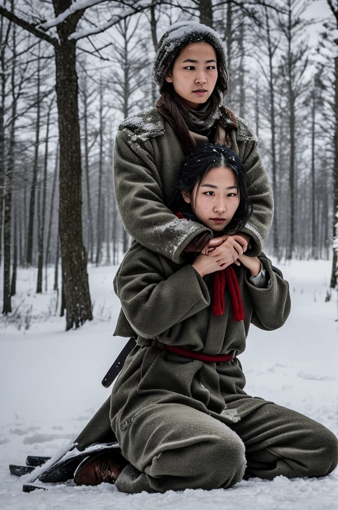 On the snow,a female prisoner of war,Thin clothes,Shivering,Hands tied behind their backs,Kneeling on the ground,Next to me is a beautiful woman holding a long knife,Slash the neck of a beautiful prisoner of war,Blood飞溅,Blood,wounds,Separation of head and body,